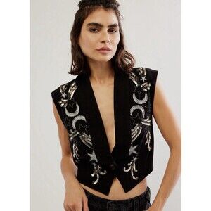 Free People Billy Tux Vest Black Embroidered Sequin Moon & Stars Size Medium